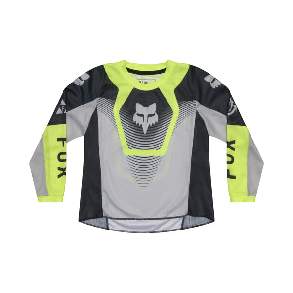 Front view of Fox Racing 180 Collect Pee Wee Jersey in black, grey, and flo yellow showing moisture-wicking fabric, mesh sleeve panels, and drop-tail hem, SKU 36331-086 | SKU: 36331-086 | Available at BTO Sports