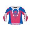 Front view of Fox Racing 180 Collect Pee Wee Jersey in blue, pink, and white showing breathable mesh panels, moisture-wicking fabric, and drop-tail hem, SKU 36331-A01 | SKU: 36331-A01 | Available at BTO Sports