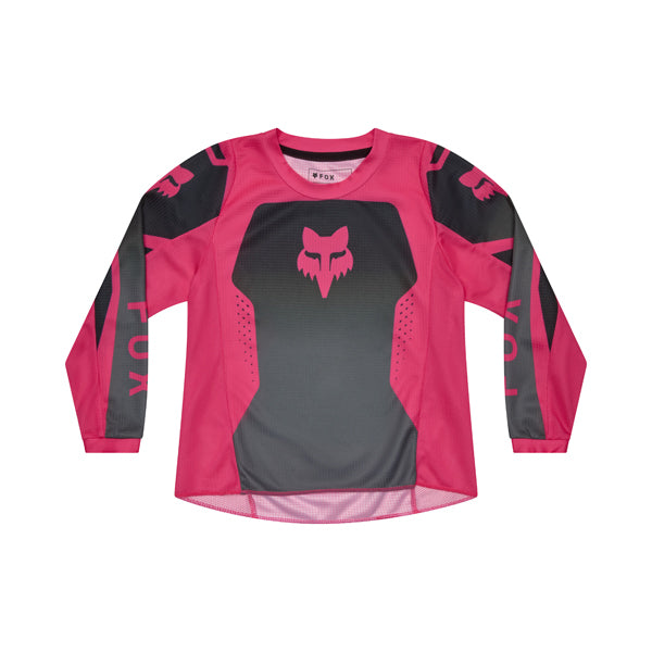 Front view of Fox Racing 180 Shield Girl’s Pee Wee Jersey in black and pink, showing moisture-wicking main body fabric, vented mesh sleeve panels, sublimated shield graphics, and drop-tail hem, SKU 36333-285 | SKU: 36333-285 | Available at BTO Sports