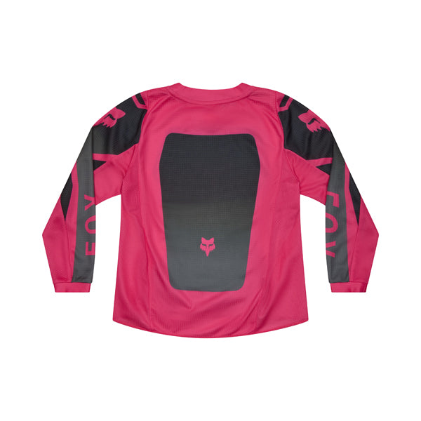 Rear view of Fox Racing 180 Shield Girl’s Pee Wee Jersey in black and pink, highlighting full-back mesh ventilation, drop-tail design, and Fox Shield logos, SKU 36333-285 | SKU: 36333-285 | Available at BTO Sports