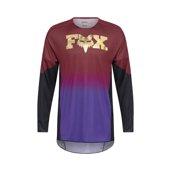 Front view of Fox Racing 360 Drip Jersey in rust brown showing mesh collar, pre-curved sleeves, and drop-tail hem, SKU 36334-180 | SKU: 36334-18 | Available at BTO Sports