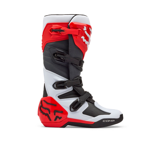Fox Racing Comp Boots side view in Wht/Flo/Red sizes 8, 9, 9.5, 10, 10.5, 11, 11.5, 12, 13, 14 SKU 36362-047-. Boots | Available at BTO Sports