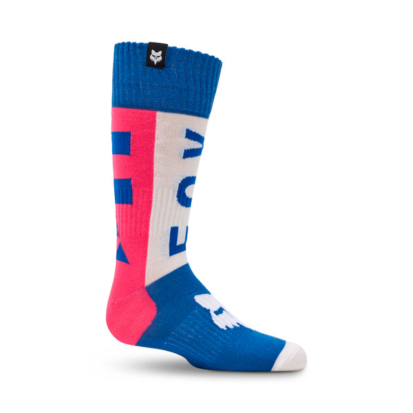 Fox Racing 180 Collect Socks (Youth) front angle view in Blu/Pink sizes Y-SM, Y-LG SKU 36372-A01-YS. Socks | Available at BTO Sports