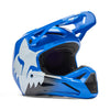 Side view of Fox Racing SKU 36385-002XS V1 Shield Helmet in blue showing visor and shell profile, SKU 36385002, sizes XS, SM, MD, LG, XL, size XS, sizes XS to XL.
