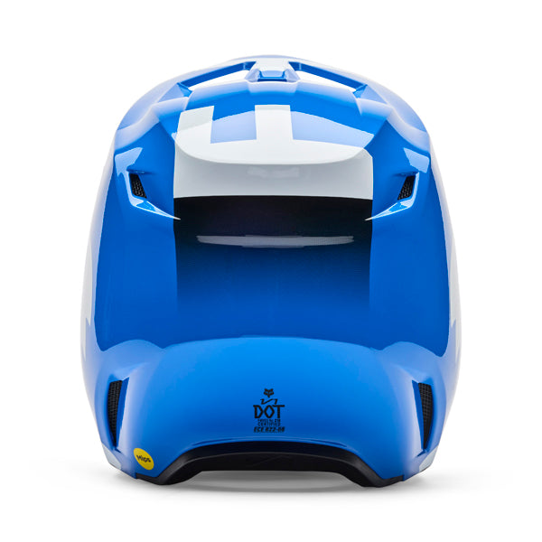 Rear view of Fox Racing SKU 36385-002M V1 Shield Helmet in blue showing exhaust vents and shell contour, SKU 36385002, sizes XS, SM, MD, LG, XL, size XS, sizes XS to XL.