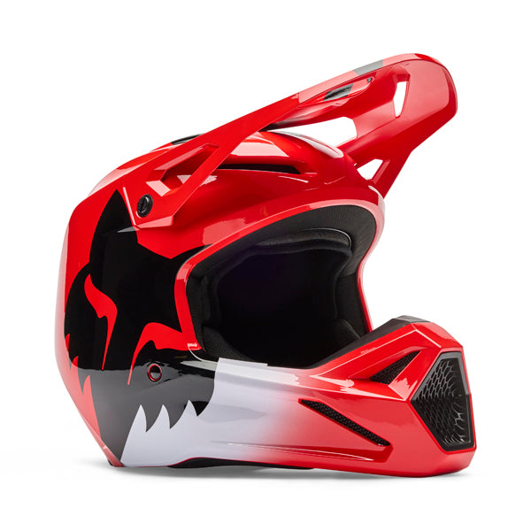 Side view of Fox Racing SKU 36385-110XS V1 Shield Helmet in fluorescent red showing visor and shell profile, SKU 36385110, sizes XS, SM, MD, LG, XL, size XS, sizes XS to XL.