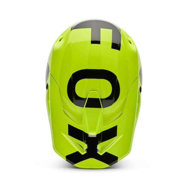 Top-down view of helmet in flo yellow showing intake vents and visor mount, SKU 36385130, sizes XS, SM, MD, LG, XL, size XS, sizes XS to XL.