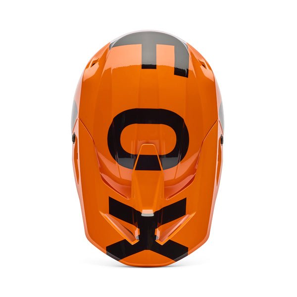 Top-down view of helmet in flo orange showing intake vents and visor mount, SKU 36385824, sizes XS, SM, MD, LG, XL, size XS, sizes XS to XL.