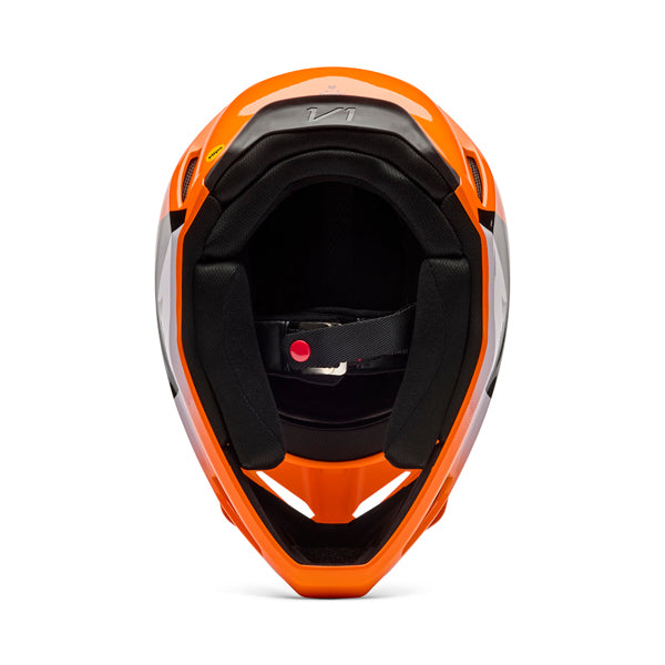 Interior view of helmet in flo orange showing liner and cheek pad system, SKU 36385824, sizes XS, SM, MD, LG, XL, size XS, sizes XS to XL.