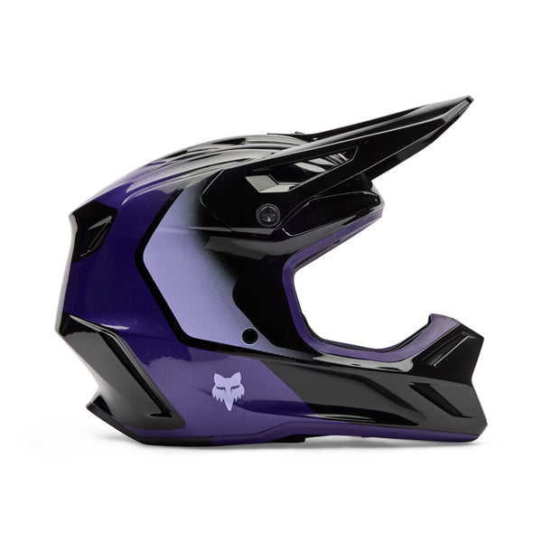 Front angle of youth v3 spire helmet showing adjustable visor and mouth vent cover | Fox Racing - V3 Spire Helmet (Youth) | SKU 36393-166 | Colors: Black/Purple | Sizes: Y-SM to Y-LG | Available at BTO Sports