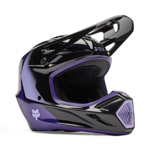 Side view of youth v3 spire helmet in black/purple showing breakaway visor, intake vents, and fox branding | Fox Racing - V3 Spire Helmet (Youth) | SKU 36393-166 | Colors: Black/Purple | Sizes: Y-SM to Y-LG | Available at BTO Sports