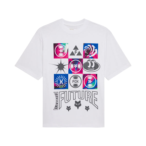 Clean studio shot of Fox Racing Image Cosmo Oversized Tee; showing tee fit, printed graphics, and crew neckline; SKU 36450-008-S; Colors: White, Black