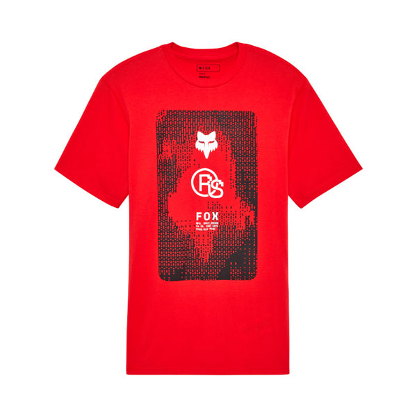 Clean studio shot of Fox Racing RS Premium Tee; showing tee fit, printed graphics, and crew neckline; SKU 36453-003-S; Colors: Red, Black; Sizes: S-2XL