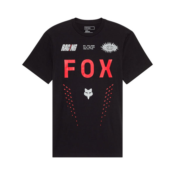 Clean studio shot of Fox Racing Shield Premium Tee; showing tee fit, printed graphics, and crew neckline; SKU 36454-001-S; Colors: Black, Optic White