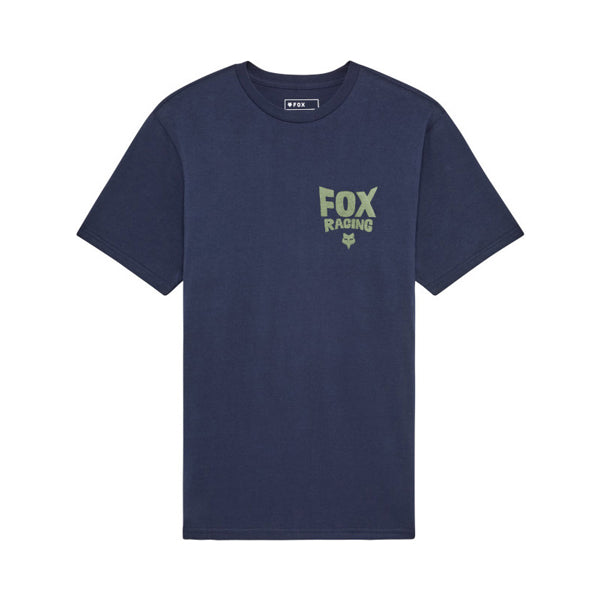 Clean studio shot of Fox Racing Bolt Premium Tee; showing tee fit, printed graphics, and crew neckline; SKU 36455-329-S; Colors: Midnight, Black