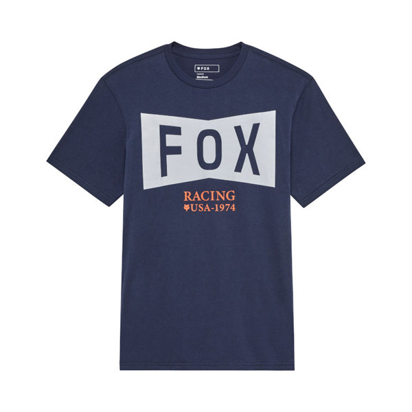 Clean studio shot of Fox Racing Typeface Premium Tee; showing tee fit, printed graphics, and crew neckline; SKU 36457-329-S; Colors: Midnight, Black