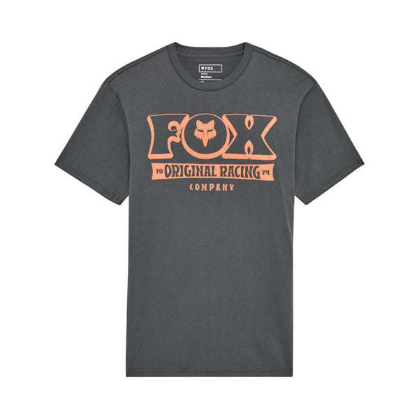 Clean studio shot of Fox Racing Banner Premium Tee; showing tee fit, printed graphics, and crew neckline; SKU 36467-330-S; Colors: Dark Shadow, Black