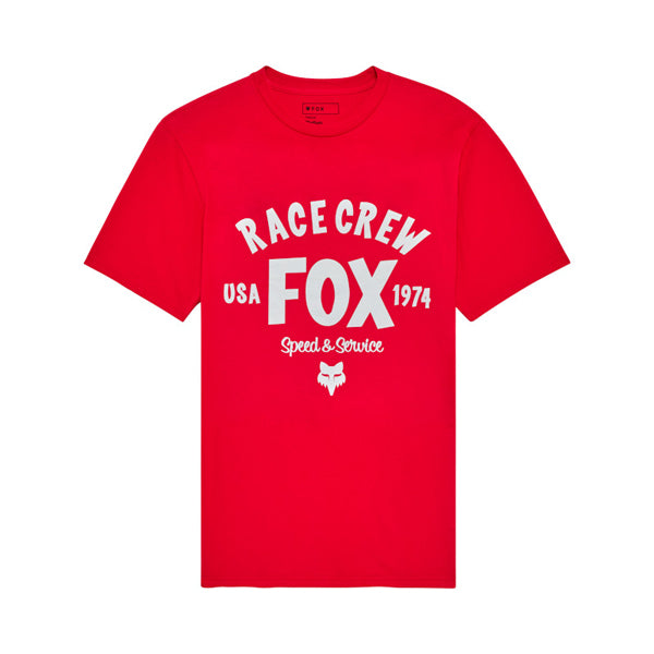 Clean studio shot of Fox Racing Slogan Premium Tee; showing tee fit, printed graphics, and crew neckline; SKU 36468-122-S; Colors: Flame Red, Black