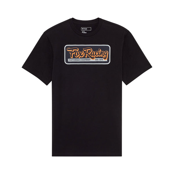 Clean studio shot of Fox Racing Equipped Premium Tee; showing tee fit, printed graphics, and crew neckline; SKU 36469-001-S; Colors: Black, Olive Green