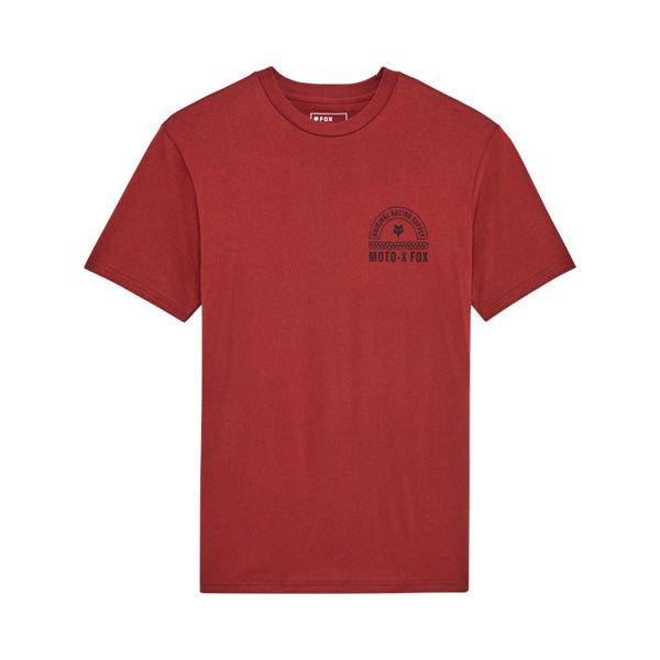 Clean studio shot of Fox Racing Victory Premium Tee; showing tee fit, printed graphics, and crew neckline; SKU 36470-180-S; Colors: Rust, Black