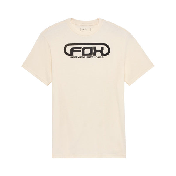 Clean studio shot of Fox Racing Global Premium Tee; showing tee fit, printed graphics, and crew neckline; SKU 36472-244-S; Colors: Off White, Black