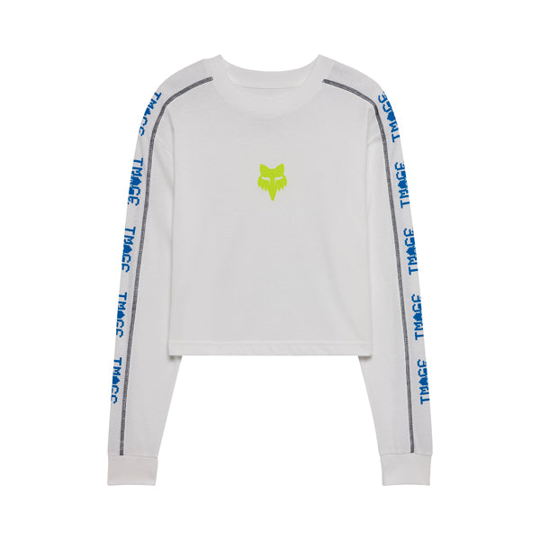 Clean studio shot of Fox Racing Image Phantom Long Sleeve Crop Tee (Womens); showing long-sleeve cut, printed graphics, and crew neckline
