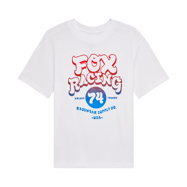 Clean studio shot of Fox Racing Racewear Tee (Womens); showing tee fit, printed graphics, and crew neckline; SKU 36505-008-XS; Colors: White, Black