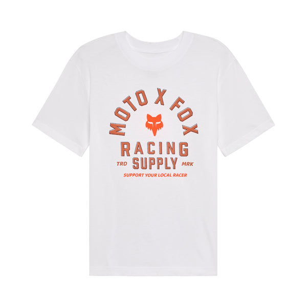 Clean studio shot of Fox Racing Local Racer Tee (Womens); showing tee fit, printed graphics, and crew neckline; SKU 36507-008-XS; Colors: White, Black