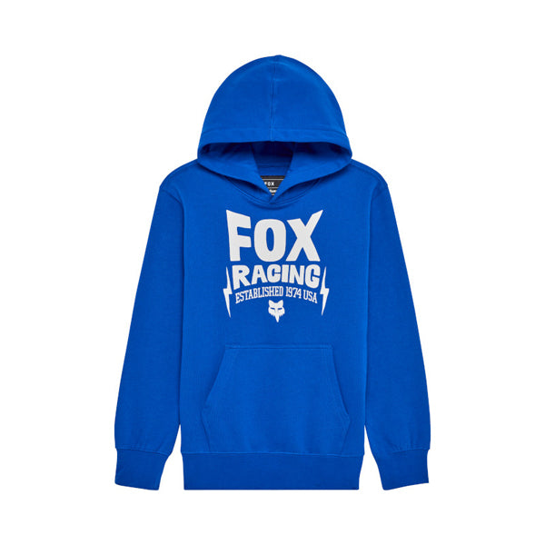 Fox Racing Bolt Pullover Hoodie (Youth) front angle view in Blu sizes Y-SM, Y-MD, Y-LG, Y-XL SKU 36543-002-YS. Sweatshirts & Hoodies | Available at BTO Sports