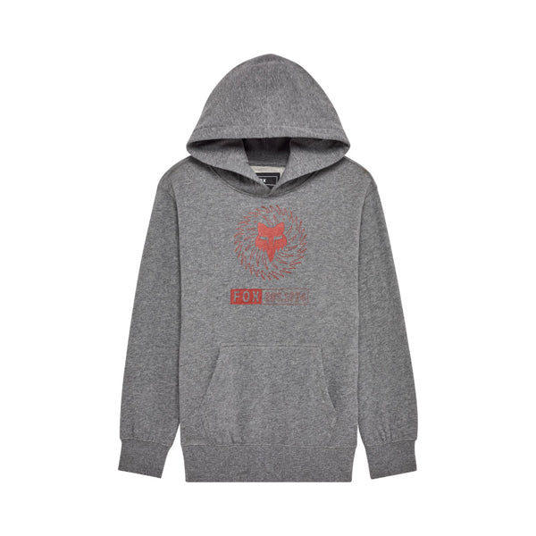 Fox Racing Kairos Pullover Hoodie (Youth) front angle view in Heather/Graphite sizes Y-SM, Y-MD, Y-LG, Y-XL SKU 36545-185-YS. Sweatshirts & Hoodies | Available at BTO Sports