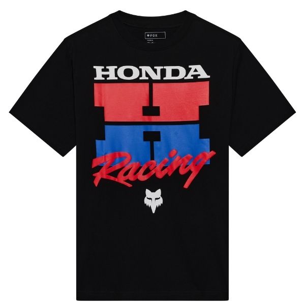 High-resolution studio image of Fox Racing Honda Oversized Tee; showing tee fit, printed graphics, and crew neckline; SKU 38271-001-S; Colors: Black