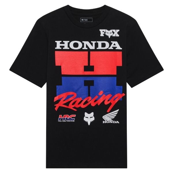 Studio photo on a white background of Fox Racing Honda Tee (Youth); showing tee fit, printed graphics, and crew neckline; SKU 38280-D95-YS