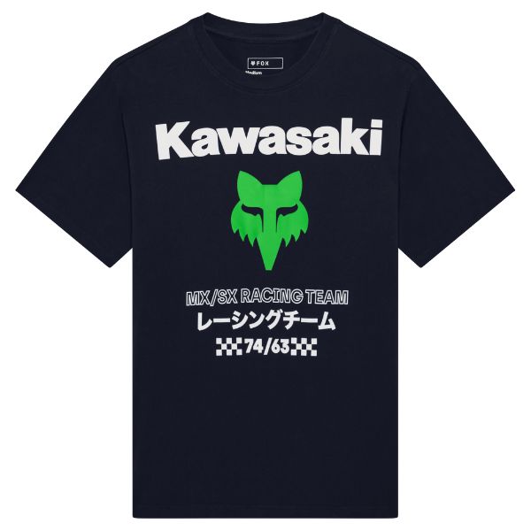 High-resolution studio image of Fox Racing Kawasaki Oversized Tee; showing tee fit, printed graphics, and crew neckline; SKU 38286-329-S; Sizes: S-2XL