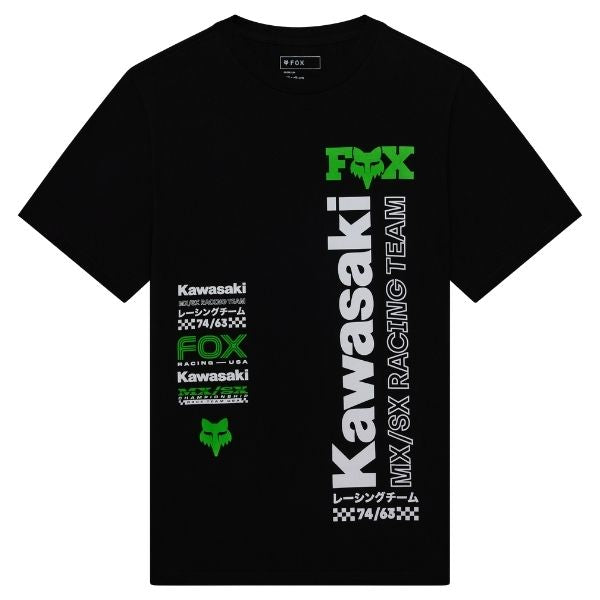 Crisp studio image on a white background of Fox Racing Kawasaki 195 Original Tee; showing tee fit, printed graphics, and crew neckline; SKU 38288-001-S