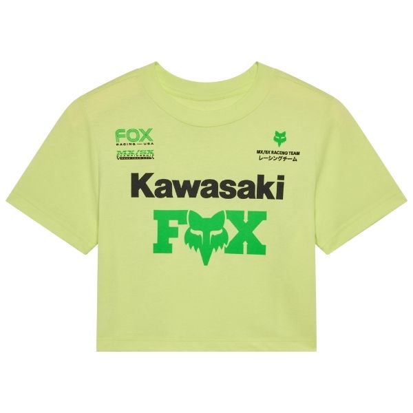 Crisp studio image on a white background of Fox Racing Kawasaki Baby Tee (Womens); showing tee fit, printed graphics, and crew neckline; SKU 38292-334-XS