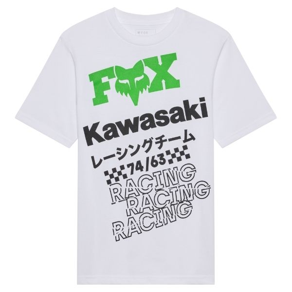 High-resolution studio image of Fox Racing Kawasaki Tee (Youth); showing tee fit, printed graphics, and crew neckline; SKU 38293-067-YS