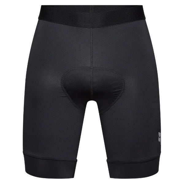 Fox Racing Tecbase Lite Liner Shorts (MTB) in Black, front product view, with the fitted stretch body, flat seams, wide waistband, shaped leg openings, and Fox waist logo. Available options—Color: Black; Size: SM, MD, LG, XL, 2X. SKU 33657-001-S. UPC 191972997990.