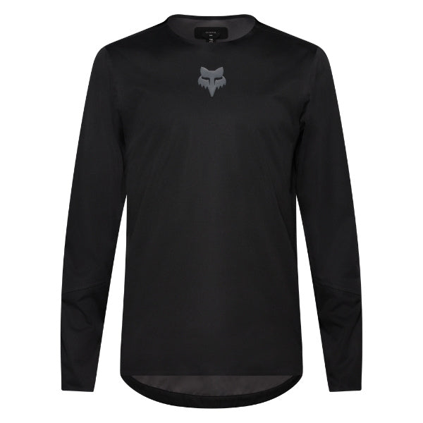 Fox Racing Flexair Water Pullover (MTB) in Black, front product view, with the round neck, long sleeves, small Fox chest logo, side seams, and curved hem. Available options—Color: Black; Size: SM, MD, LG, XL, 2X. SKU 40141-001-S. UPC 198571107973.