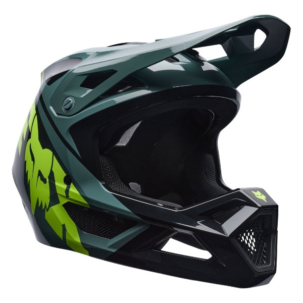 Fox Racing Rampage Foundry Helmet (MTB) in Sage, left-side profile, with the extended visor, open face port, angular chin bar, side vents, and Fox graphics. Available options—Color: Midnight, Sage; Size: XS, SM, MD, LG, XL, 2X. SKU 40158-221-XS. UPC 198571120590.