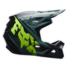 Fox Racing Rampage Foundry Helmet (MTB) in Sage, right-side profile, with the extended visor, open face port, angular chin bar, side vents, and Fox graphics. Available options—Color: Midnight, Sage; Size: XS, SM, MD, LG, XL, 2X. SKU 40158-221-S. UPC 198571120606.
