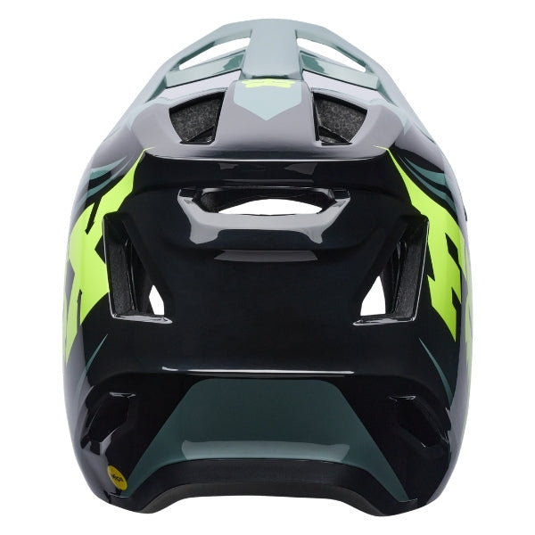 Fox Racing Rampage Foundry Helmet (MTB) in Sage, rear view, with the rear shell vents, lower neck opening, molded shell ribs, and Fox lettering. Available options—Color: Midnight, Sage; Size: XS, SM, MD, LG, XL, 2X. SKU 40158-221-L. UPC 198571120620.