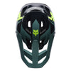 Fox Racing Rampage Foundry Helmet (MTB) in Sage, top view, with the visor tip, crown vents, shell graphics, and central Fox logo. Available options—Color: Midnight, Sage; Size: XS, SM, MD, LG, XL, 2X. SKU 40158-221-XL. UPC 198571120637.