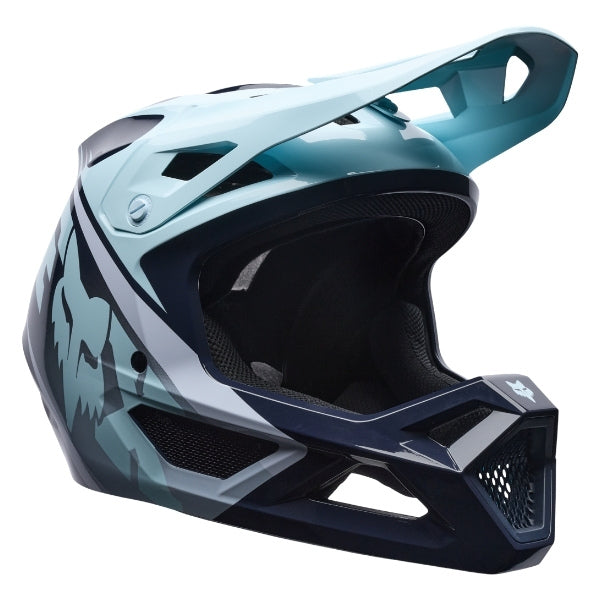 Fox Racing Rampage Foundry Helmet (MTB) in Midnight, left-side profile, with the extended visor, open face port, angular chin bar, side vents, and Fox graphics. Available options—Color: Midnight, Sage; Size: XS, SM, MD, LG, XL, 2X. SKU 40158-329-XS. UPC 198571116241.