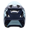 Fox Racing Rampage Foundry Helmet (MTB) in Midnight, rear view, with the rear shell vents, lower neck opening, molded shell ribs, and Fox lettering. Available options—Color: Midnight, Sage; Size: XS, SM, MD, LG, XL, 2X. SKU 40158-329-L. UPC 198571116272.