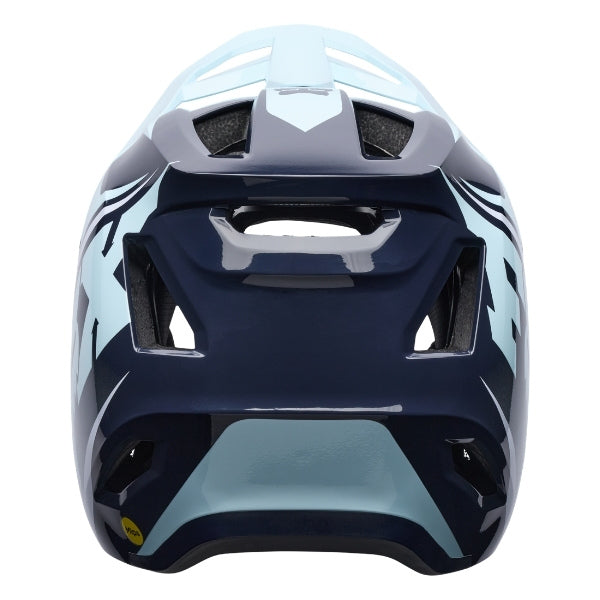Fox Racing Rampage Foundry Helmet (MTB) in Midnight, rear view, with the rear shell vents, lower neck opening, molded shell ribs, and Fox lettering. Available options—Color: Midnight, Sage; Size: XS, SM, MD, LG, XL, 2X. SKU 40158-329-L. UPC 198571116272.