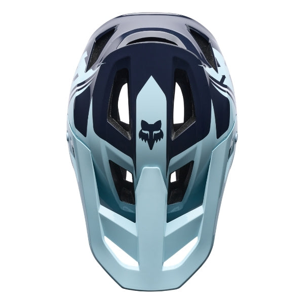 Fox Racing Rampage Foundry Helmet (MTB) in Midnight, top view, with the visor tip, crown vents, shell graphics, and central Fox logo. Available options—Color: Midnight, Sage; Size: XS, SM, MD, LG, XL, 2X. SKU 40158-329-XL. UPC 198571116289.