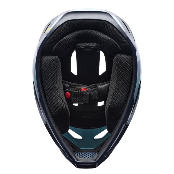 Fox Racing Rampage Foundry Helmet (MTB) in Midnight, underside view of the interior padding and chin opening, with the padded crown liner, cheek pads, chin opening, and retention-strap area exposed. Available options—Color: Midnight, Sage; Size: XS, SM, MD, LG, XL, 2X. SKU 40158-329-2X. UPC 198571116296.