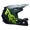 Fox Racing Rampage Foundry Helmet (MTB) (Youth) in Sage, right-side profile, with the extended visor, open face port, angular chin bar, side vents, and Fox graphics. Available options—Color: Sage; Size: Y-SM, YMD, Y-LG. SKU 40160-221-YM. UPC 198571120668.