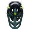 Fox Racing Rampage Foundry Helmet (MTB) (Youth) in Sage, rear view, with the rear shell vents, lower neck opening, molded shell ribs, and Fox lettering. Available options—Color: Sage; Size: Y-SM, YMD, Y-LG.