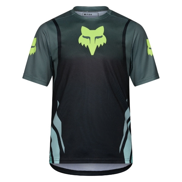 Fox Racing Ranger Foundry Jersey (MTB) in Sage, rear product view, with the back graphic, shoulder panels, long sleeves, and drop-tail hem. Available options—Color: Midnight, Sage; Size: SM, MD, LG, XL, 2X. SKU 40164-221-M. UPC 198571120217.